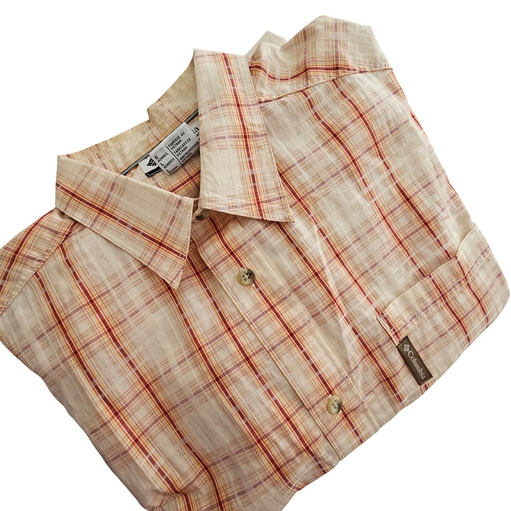 Columbia Mens‎ AM7716 Plaid Short Sleeve Button Down Shirt Orange Tan Large